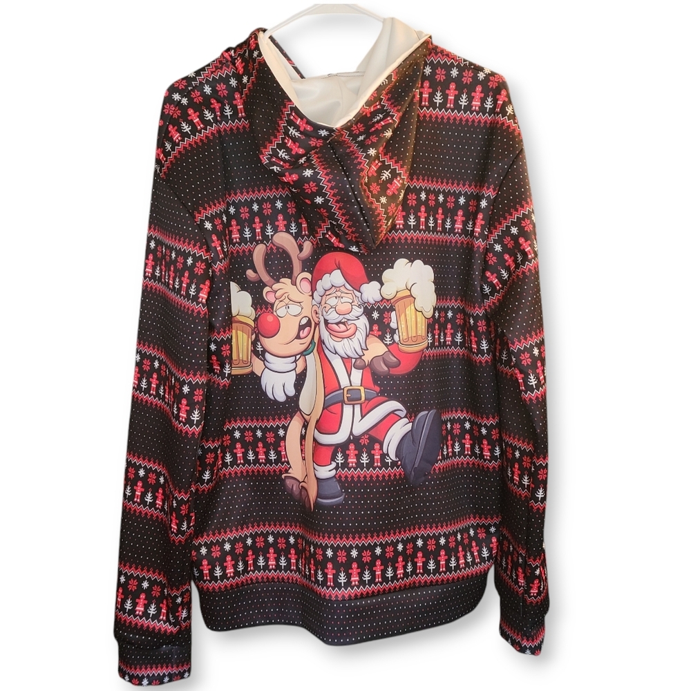 UGLY CHRISTMAS SWEATER - Black & Red All Over Graphic Print Santa Reindeer Beer - Picture 2 of 3